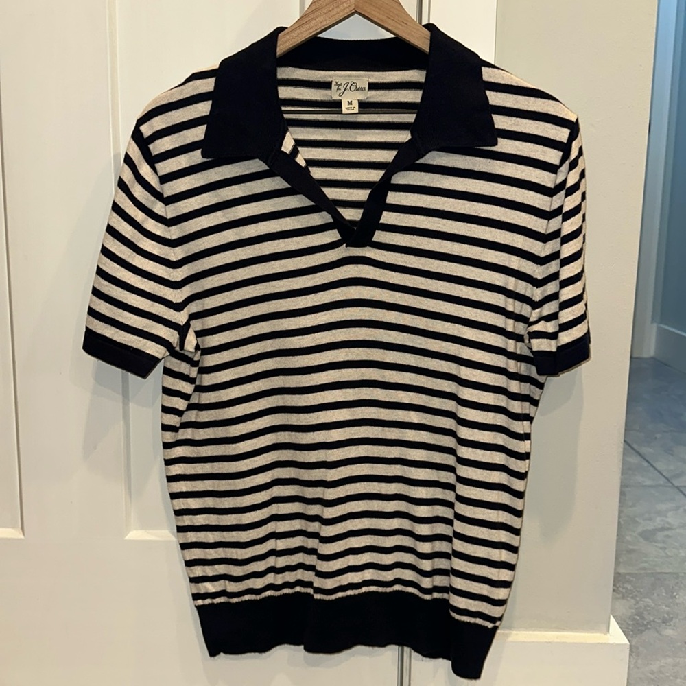 J. Crew Navy and White Striped Short Sleeve Polo Sweater